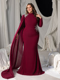 Plus Long-Sleeve High-Neck Mermaid Gown with Rhinestones & Transparent Cape Drape