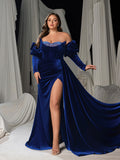 Plus Velvet Evening Gown: Off-Shoulder Mermaid Dress with Puffed Sleeves and Rhinestones