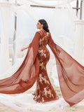 Plus Gorgeous Sequin Embroidery Evening Gown - V-Neck Mermaid Dress with Cape Sleeves & High Slit