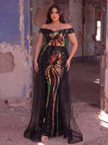 Plus Size Sequin Off-Shoulder Mermaid Maxi Dress with Sheer Overlay | Evening Gown with Diagonal Gradient Pattern | Formal Party & Prom Dress