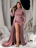 Plus High-Neck Long-Sleeve Beaded Mermaid Gown with High Slit & Floor-Length Train