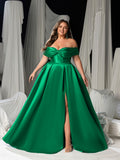 Plus Women's Satin Off-Shoulder Evening Dress | High Slit & Back Lacing Gown