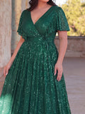 Plus V Neck Ruffle Trim Sequin Formal Dresses