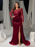 Plus Luxury Formal Gown with Sequin Bodice, Puffed Sleeves, Velvet High-Slit Skirt