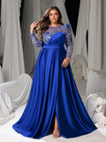 Plus Women's Sequin Bodice Formal Gown | Long Sleeves | Full Flared Skirt