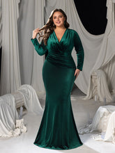 Plus V-Neck Long Sleeve Velvet Mermaid Evening Dress