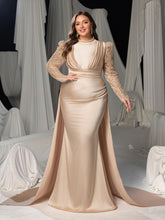 Plus Luxury Sequin Sleeves Mock Neck Ruched Front Mermaid Hem Formal Dress