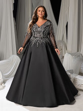Plus Size Deep V-Neck Sequin Illusion Evening Gown - Satin Formal Dress with Long Sleeves & A-Line Skirt