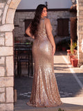 Plus V Neck Sleeveless Split Thigh Sequin Mermaid Dress