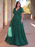Plus V Neck Ruffle Trim Sequin Formal Dresses