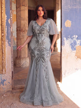 Plus Butterfly Sleeves Mermaid Hem Graphic Sequin Formal Dress