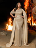 Plus One-Shoulder Sequin Mermaid Gown with Cape Sleeve| Dramatic Train & Sleek Fit