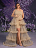 Plus Maternity One Shoulder Sleeveless Tulle Layered Hem Party Dress