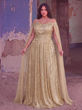 Plus Off-Shoulder Sequined Gown with Flowing Cape – Luxury Evening Wear for Weddings or Red Carpet Events, 1XL-5XL