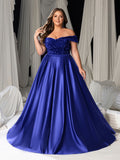 Plus Size Off-Shoulder Sequin Evening Gown - Formal Dress with Voluminous Satin Skirt