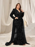 Plus Elegant Mesh Insert Split Mermaid Hem Sequin Evening Dress