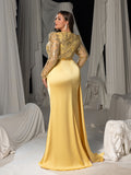Plus Size Round Neck Long Sleeve Mermaid Hem Sequin Evening Gowns