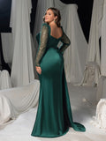 Plus Elegant Satin Sweetheart Neck Evening Gown with Sequined Long Sleeves and High Slit