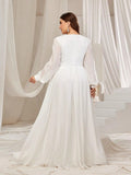 Plus Floral Applique Lantern Sleeves Chiffon Formal Dress - Elonnashop