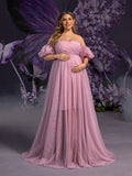 Plus Maternity Strapless Tulle Gown with Puffed Sleeves & Ruched Bodice – Elegant 1XL-5XL Pregnancy Dresses for Photoshoots