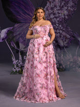 Plus Maternity  Off Shoulder Ruffle Trim Split Floral Mesh Party Dress
