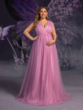 Plus Maternity Tulle Evening Gowns with Sheer Cap Sleeves & Chain Accents – Elegant 1XL-5XL Pregnancy Dresses for Photoshoots & Special Events