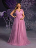 Plus Maternity Tulle Evening Gowns with Sheer Cap Sleeves & Chain Accents – Elegant 1XL-5XL Pregnancy Dresses for Photoshoots & Special Events