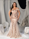 Plus Square-Neck Cold-Shoulder Mermaid Gown with Floral Sequin Embroidery & Tulle Details