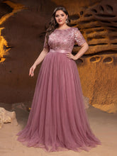Plus-size Boat Neck Gown with Floral Sequin Embroidered Bodice & Tulle Skirt