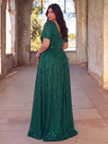 Plus V Neck Ruffle Trim Sequin Formal Dresses