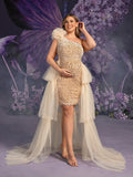 Plus Maternity One Shoulder Tulle Overlay Sequin Party Dress