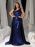 Plus Size Gorgeous One-Shoulder Sleeveless Sequin Formal Dress