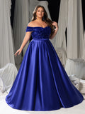 Plus Size Off-Shoulder Sequin Evening Gown - Formal Dress with Voluminous Satin Skirt