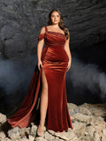 Plus One-Shoulder Ruched Velvet Gown | Beaded Strap & High Thigh Slit