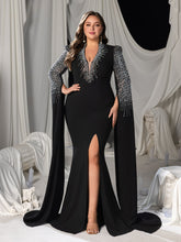 Plus Deep V-Neck Mermaid Gown with Cape Sleeves, Rhinestones & High Slit