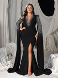 Plus Deep V-Neck Mermaid Gown with Cape Sleeves, Rhinestones & High Slit