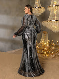 Plus Gorgeous Lantern Sleeves Mermaid Hem Graphic Sequin Evening Dress