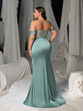 Plus Size Sequin Off-Shoulder Evening Gown - Fishbone Mermaid Dress with High Slit