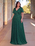 Plus V Neck Ruffle Trim Sequin Formal Dresses