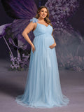Plus Maternity Gown with Floral Shoulder Accent & V Neck Design – Elegant 1XL-5XL Pregnancy Photoshoot Dress