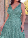 Plus Plunging Meck Backless Floral Sequin Prom Dress