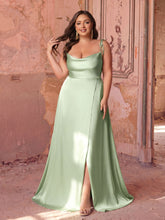 Plus Satin Spaghetti Straps Formal Evening Dress with High Slit
