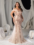 Plus Square-Neck Cold-Shoulder Mermaid Gown with Floral Sequin Embroidery & Tulle Details