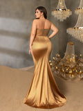 Plus Elegant Strapless Rhinestone Detail Sheer Bodice Split Satin Formal Party Dress