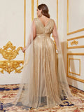 Plus Deep V Neck Sequin A Line Cape Dress - Elonnashop