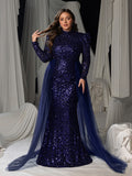 Plus Sequin Mermaid Formal Dress with Long Sleeves and Sheer Tulle Overlay