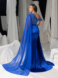 Plus Rhinestone Decor One Shoulder Cape Evening Gown with High Slit