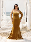 Plus Elegant Asymmetrical Neck Contrast Sequin Mermaid Hem Velvet Evening Dress