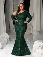Plus Sequin Evening Gown with Asymmetrical Sleeves – One-Shoulder Luxury Dress for Red Carpet, Formal Galas & High-End Events, 1XL-3XL