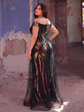 Plus Size Sequin Off-Shoulder Mermaid Maxi Dress with Sheer Overlay | Evening Gown with Diagonal Gradient Pattern | Formal Party & Prom Dress